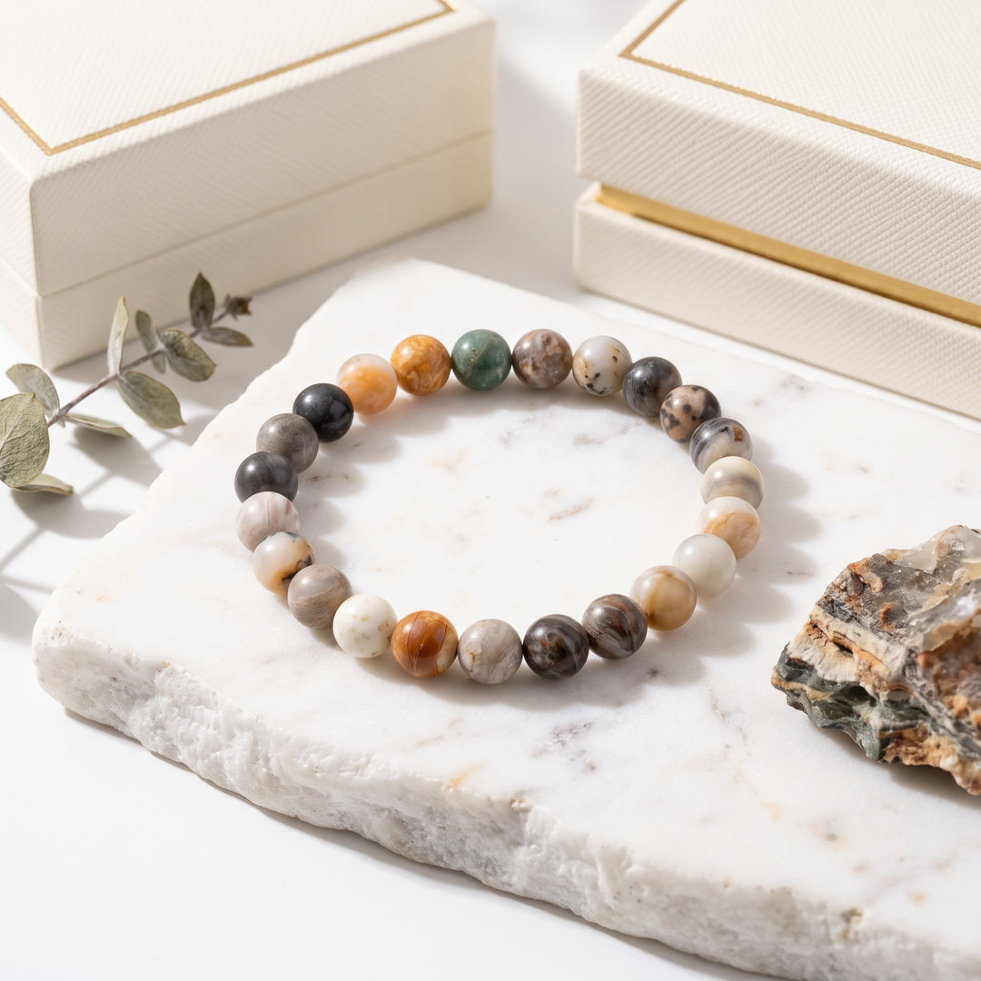 Bamboo Leaf Agate Metal-Free Stretch Bracelet – 8mm Natural Earth Stone Jewelry