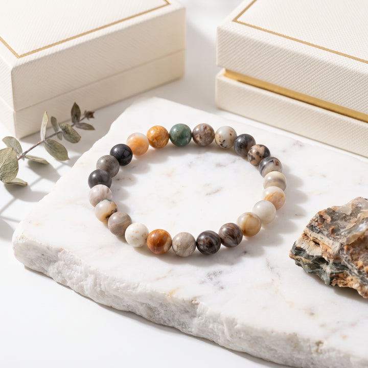 Bamboo Leaf Agate Metal-Free Stretch Bracelet – 8mm Natural Earth Stone Jewelry