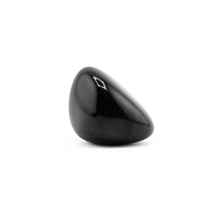 Rounded Black Obsidian pocket stone showing a jet-black glossy finish and light reflection