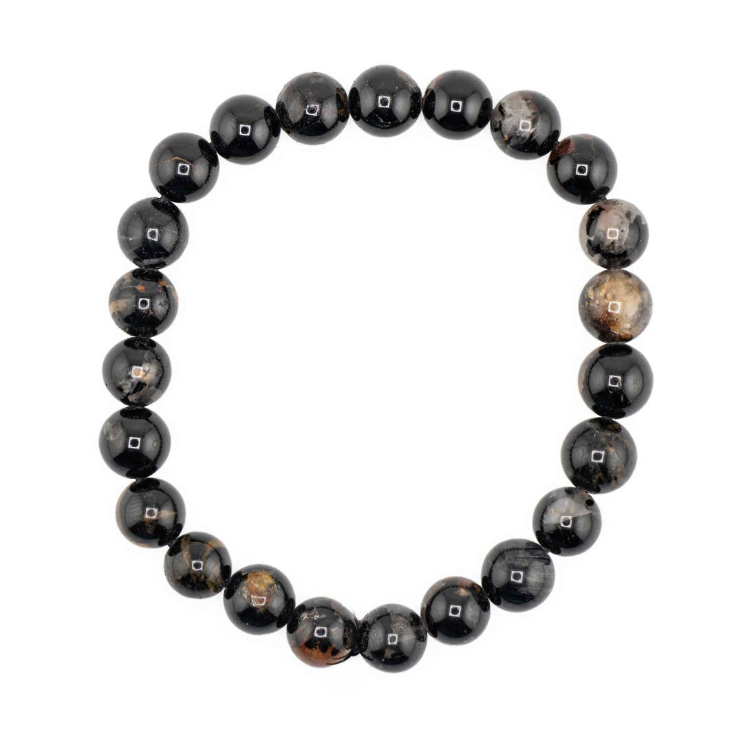 Natural Black Tourmaline beaded stretch bracelet featuring smooth, round black gemstone spheres with subtle brown matrix inclusions
