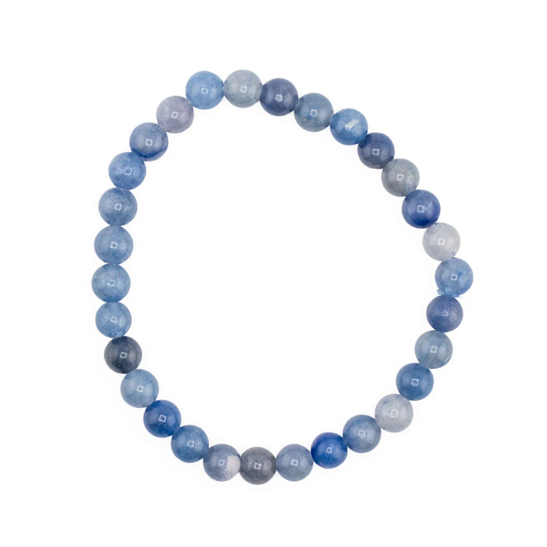 Natural Blue Aventurine beaded stretch bracelet featuring round denim blue gemstone spheres on a white background