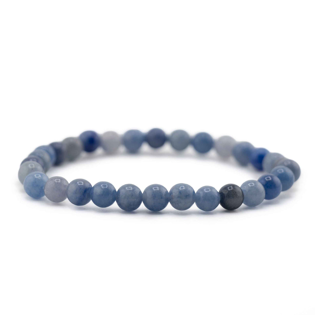 Side view resting shot of a Blue Aventurine gemstone beaded stretch bracelet lying flat on a white background