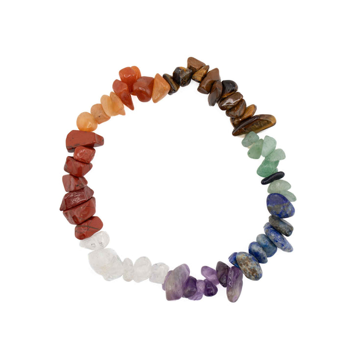 Chakra chip stone stretch bracelet made with irregular, tumbled gemstone chips arranged in rainbow chakra colors