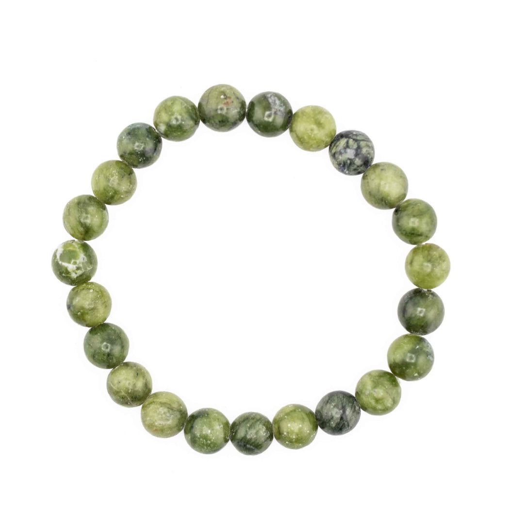Natural Chinese Jade beaded stretch bracelet crafted with smooth, round olive and moss green gemstone spheres