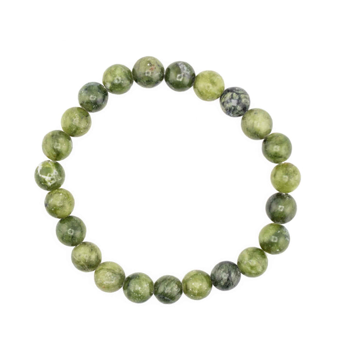 Natural Chinese Jade beaded stretch bracelet crafted with smooth, round olive and moss green gemstone spheres