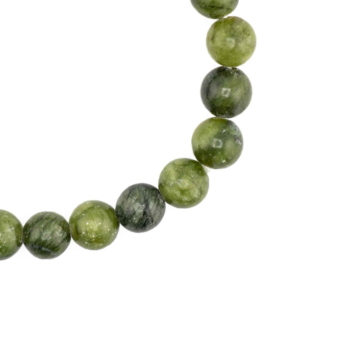 Close-up detail of round Chinese Jade beads highlighting mottled green tones, subtle marbled inclusions, and polished finish