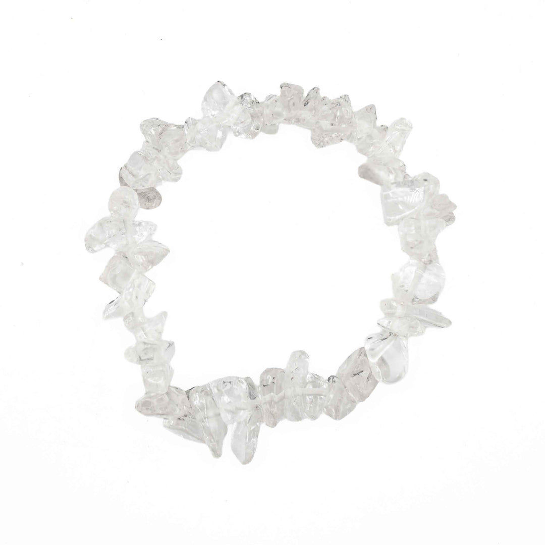 Clear Quartz chip stone stretch bracelet made with irregular, tumbled translucent glass-like gemstone chips