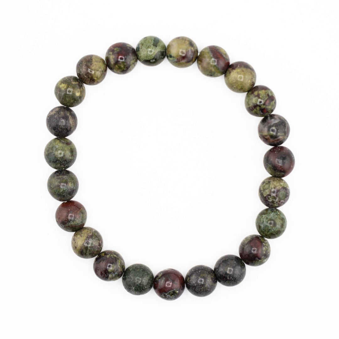 Dragon's Blood Jasper beaded bracelet featuring polished round beads with mottled dark green and reddish-brown hues on a white studio background