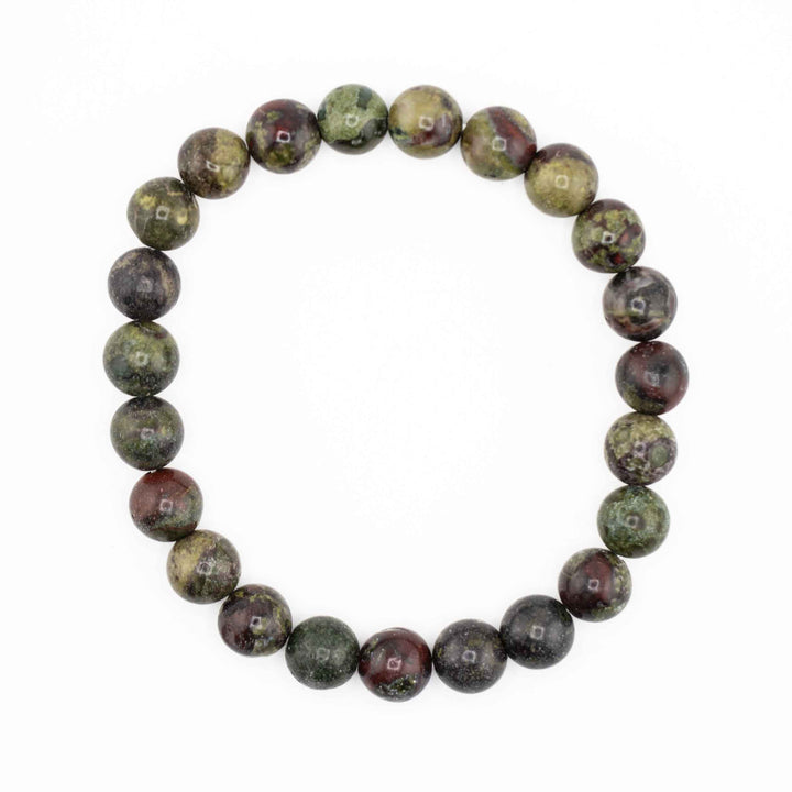 Dragon's Blood Jasper beaded bracelet featuring polished round beads with mottled dark green and reddish-brown hues on a white studio background