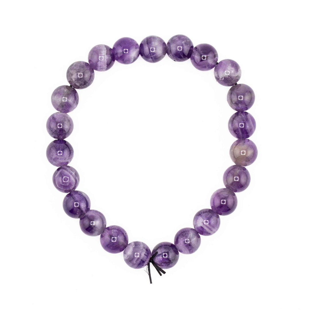 Natural Dream Chevron Amethyst beaded stretch bracelet featuring round purple gemstone spheres with white V-shaped quartz bandings
