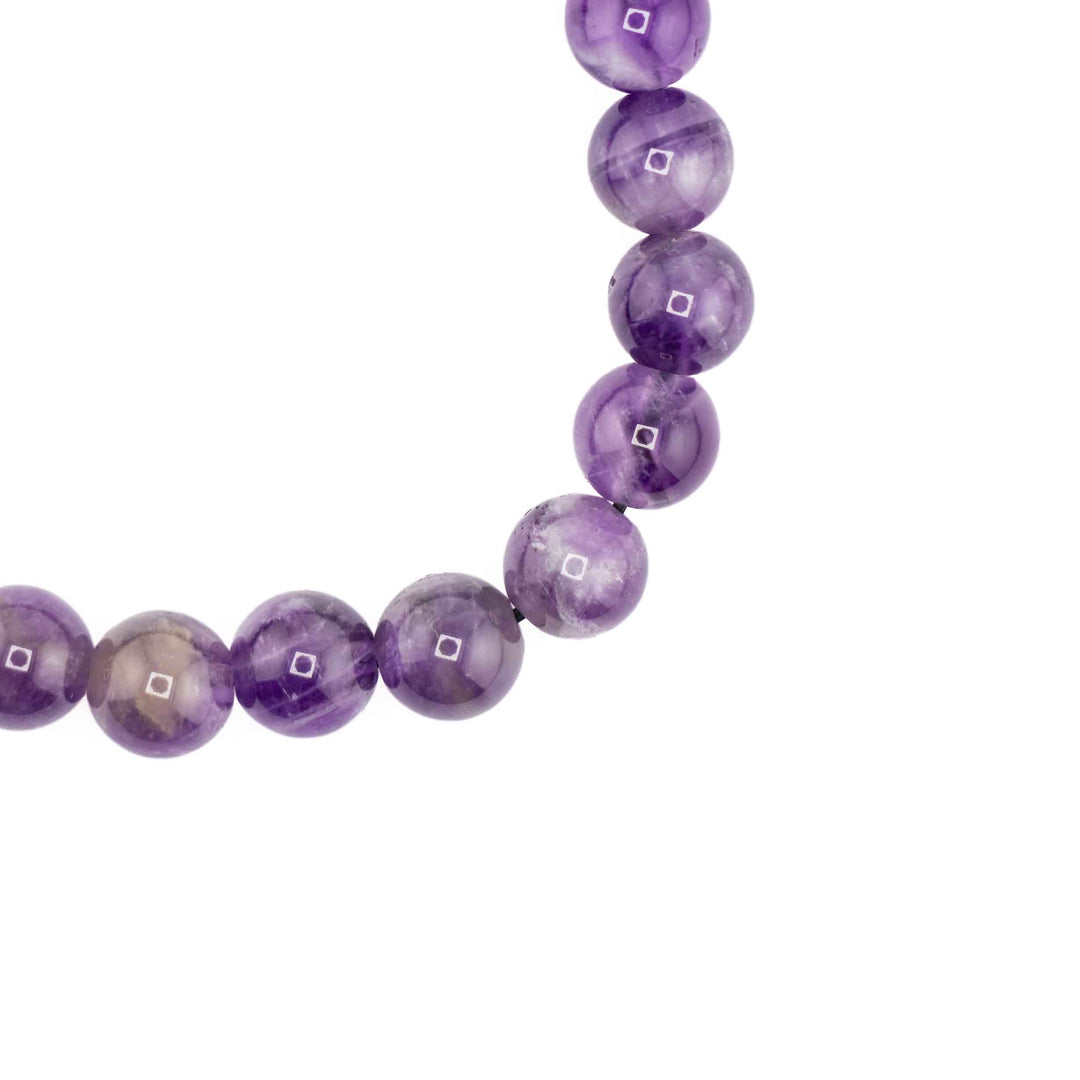Close-up detail of smooth round Chevron Amethyst beads showcasing rich violet hues and natural white quartz striping