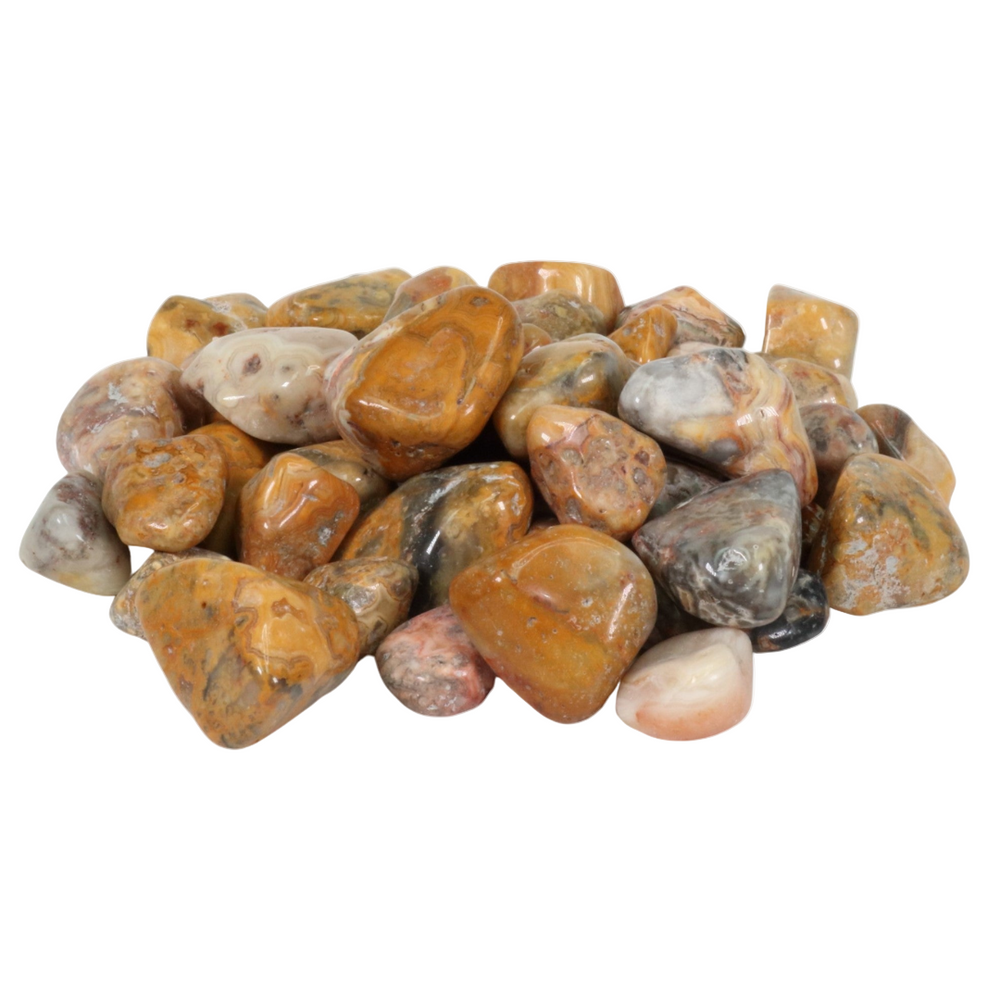 A pile of smooth polished tumbled stones featuring rich amber, earthy brown, creamy white, and subtle grey hues with intricate marbled patterns