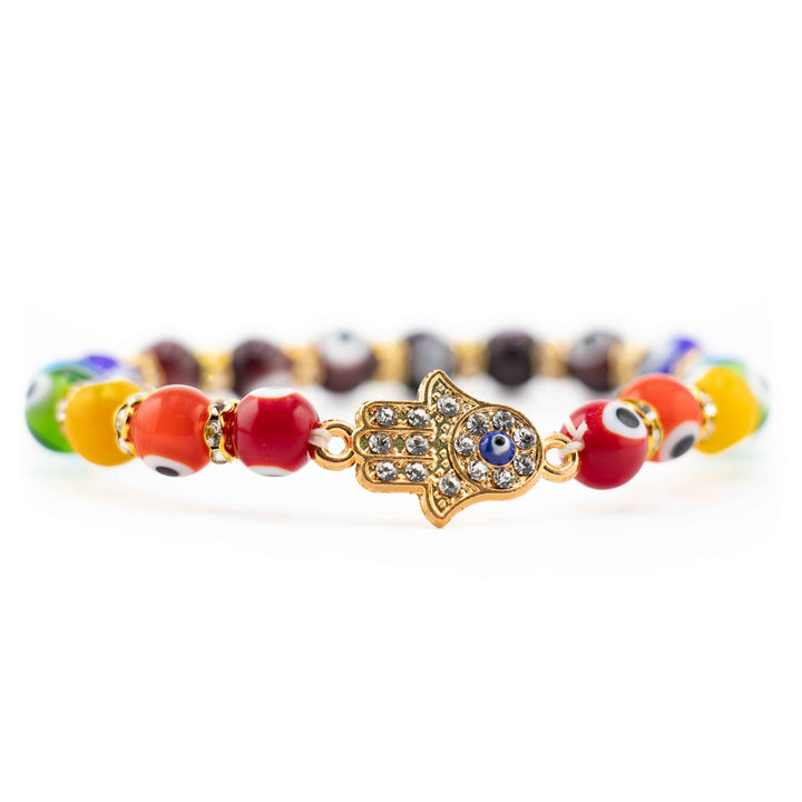 Evil Eye - Nazar Protection Bracelet – Multicolor Lampwork Beads & Hamsa Charm, Gold-Toned, 8mm