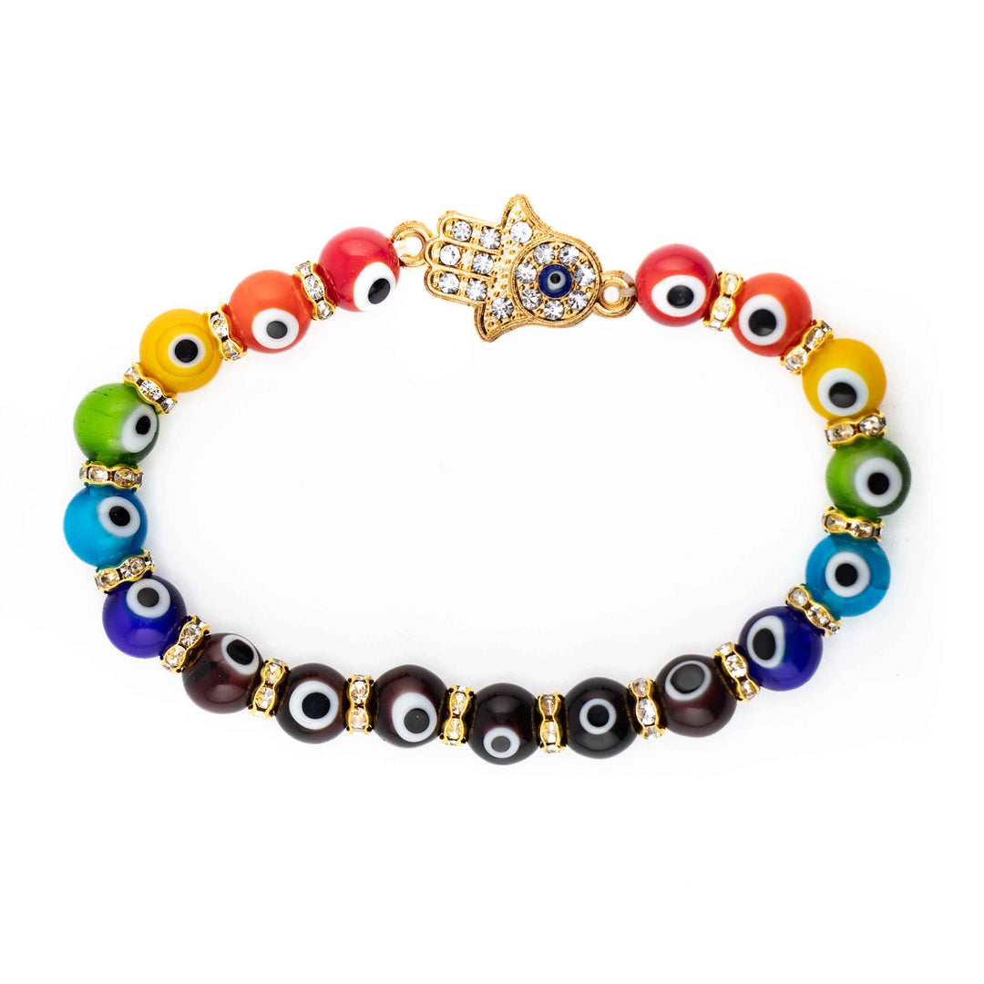 Evil Eye - Nazar Protection Bracelet – Multicolor Lampwork Beads & Hamsa Charm, Gold-Toned, 8mm