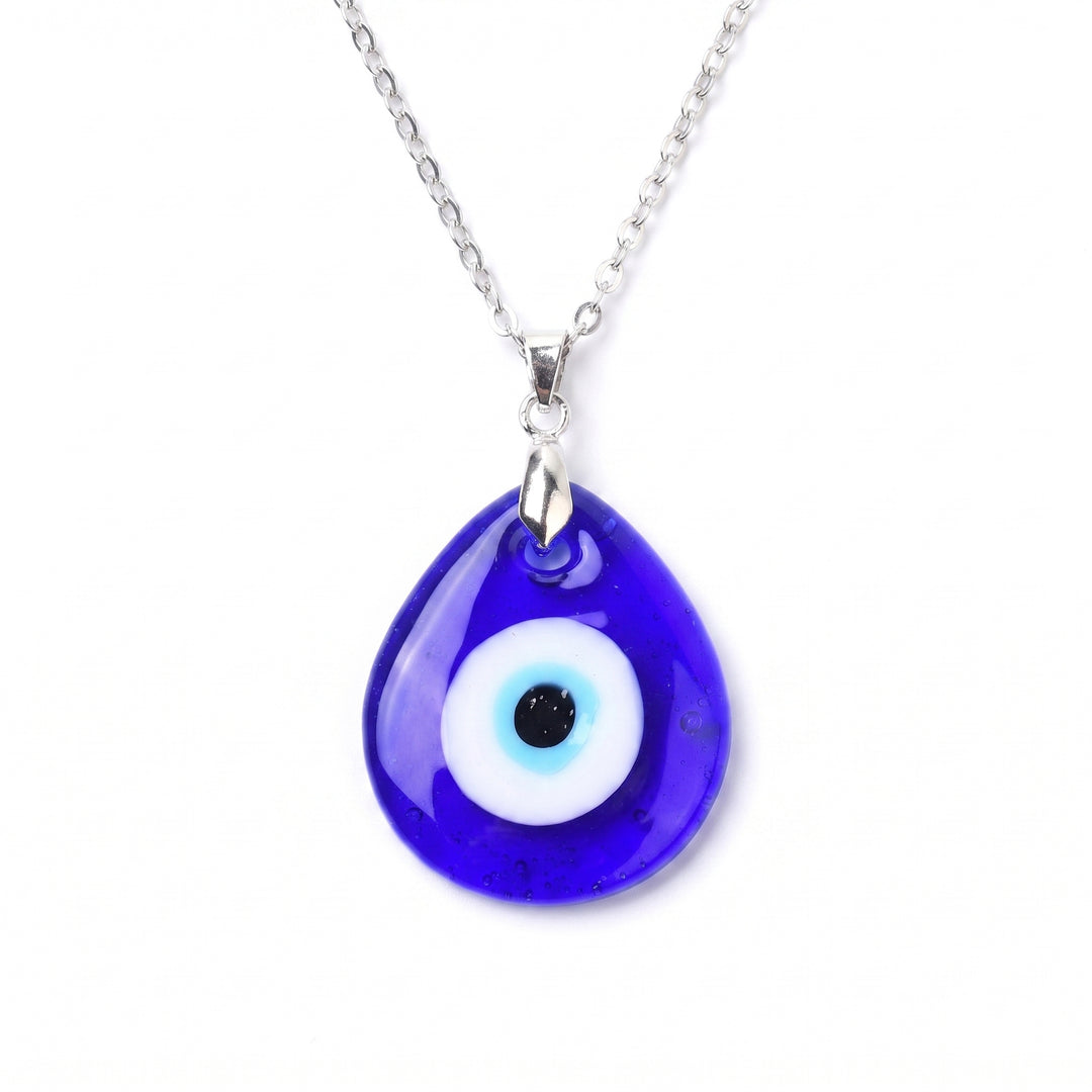 Handcrafted Blue Glass Evil Eye Pendant Necklace with Silver Chain