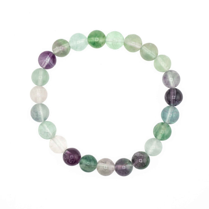 Natural Rainbow Fluorite beaded stretch bracelet featuring smooth, round gemstone spheres in translucent green, purple, and clear hues