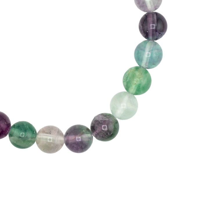 Close-up detail of polished round Rainbow Fluorite beads displaying natural color banding in shades of violet, mint green, and clear quartz