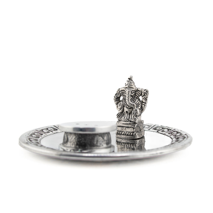 Metal Ganesha Incense Burner – Silver-Tone Plate with Removable Ash Catcher for Rituals & Meditation
