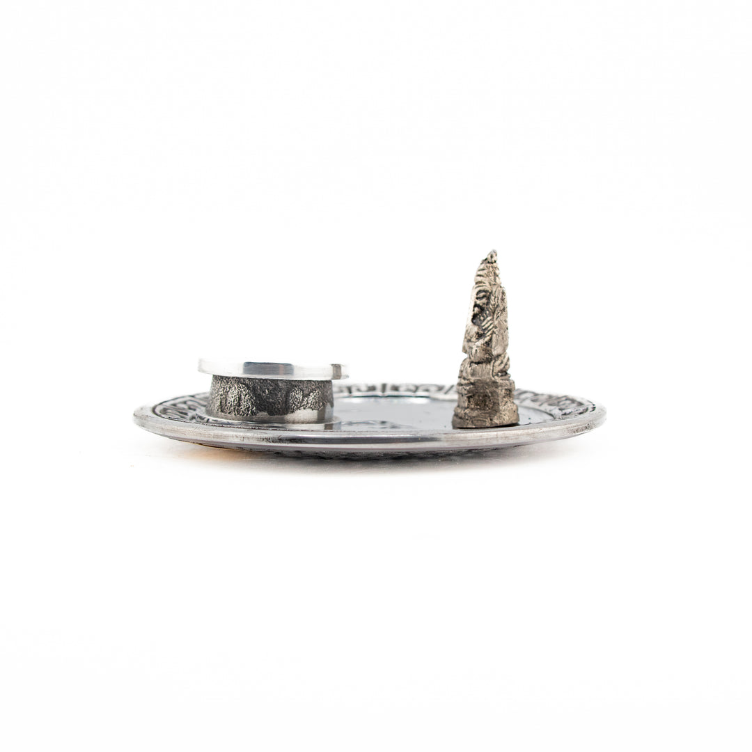 Metal Ganesha Incense Burner – Silver-Tone Plate with Removable Ash Catcher for Rituals & Meditation
