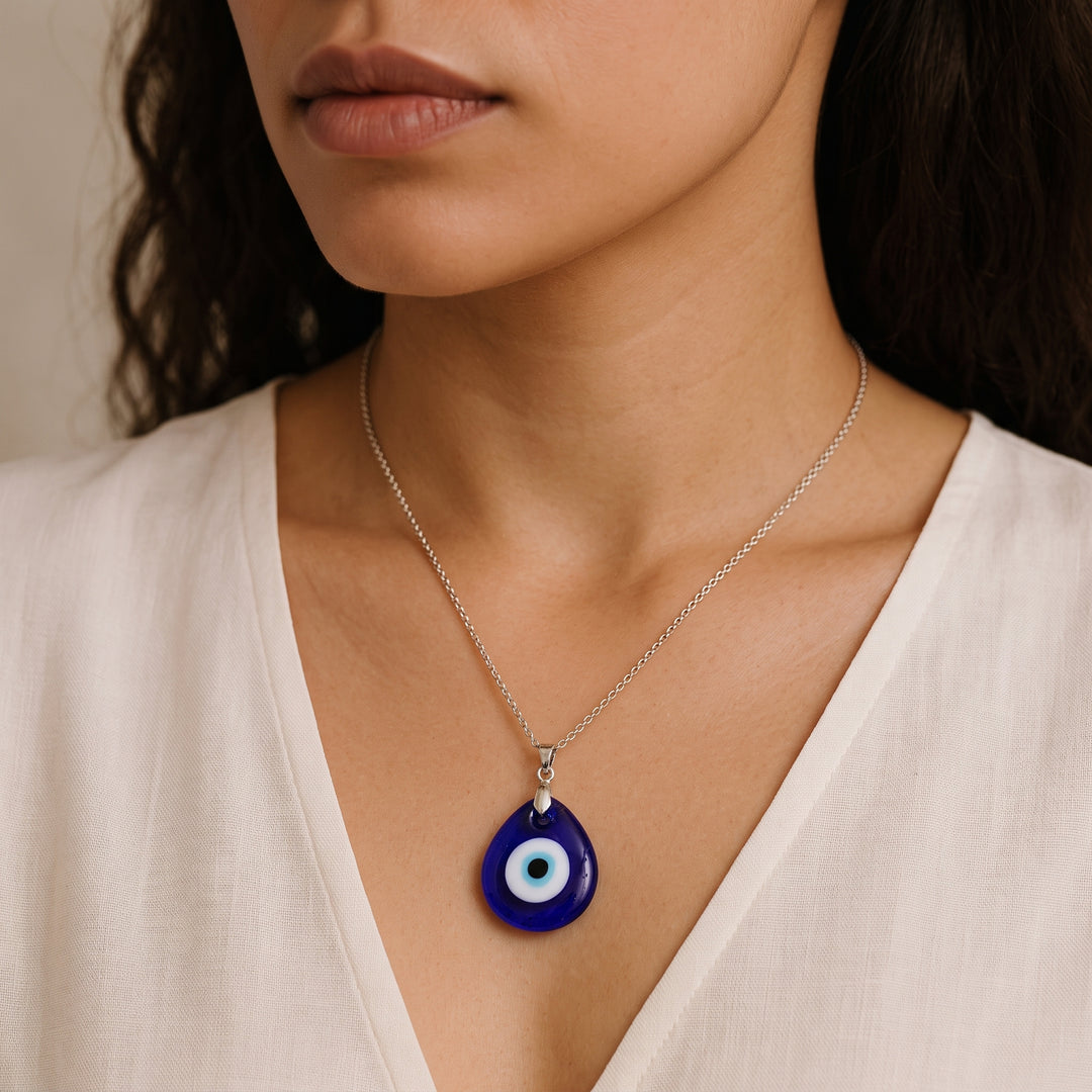 Handcrafted Blue Glass Evil Eye Pendant Necklace with Silver Chain