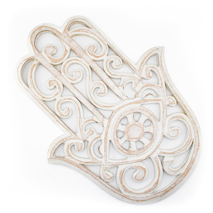 White Wooden Hamsa Wall Décor – Protection Symbol with Intricate Scrollwork