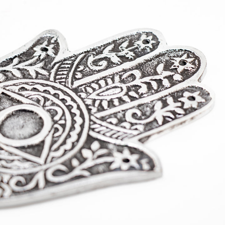 Hamsa Hand Metal Incense Burner – Protective Evil Eye Ash Catcher in Silver-Tone Finish
