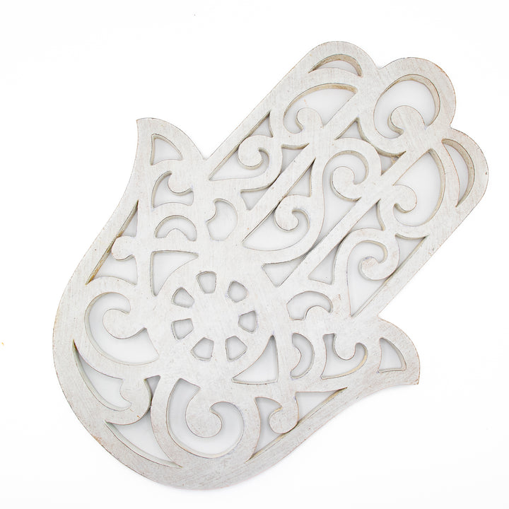 White Wooden Hamsa Wall Décor – Protection Symbol with Intricate Scrollwork