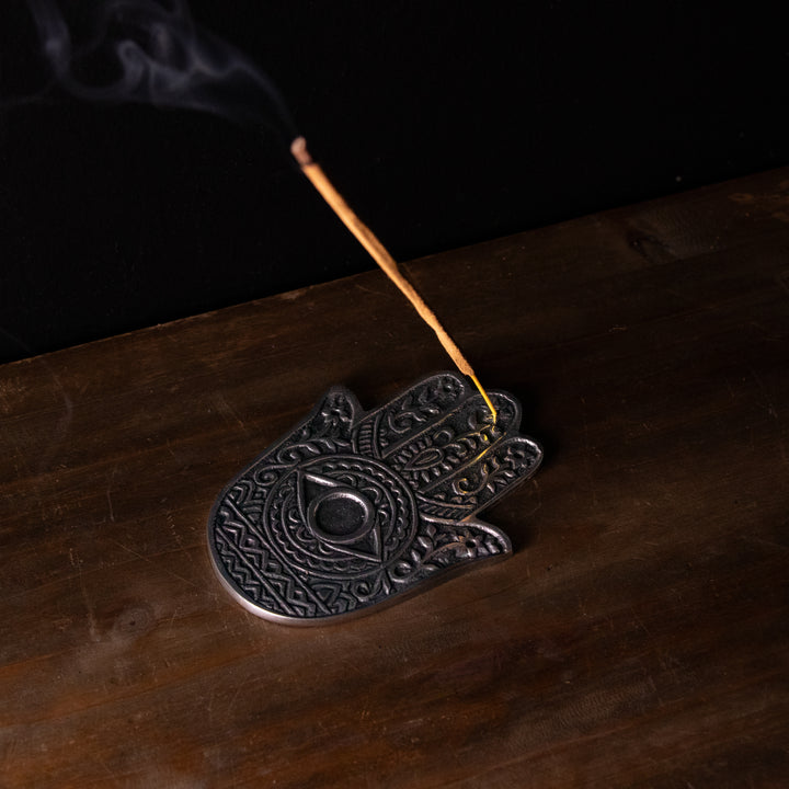 Hamsa Hand Metal Incense Burner – Protective Evil Eye Ash Catcher in Silver-Tone Finish