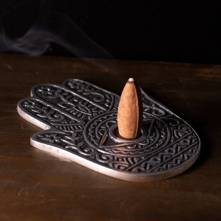 Hamsa Hand Metal Incense Burner – Protective Evil Eye Ash Catcher in Silver-Tone Finish