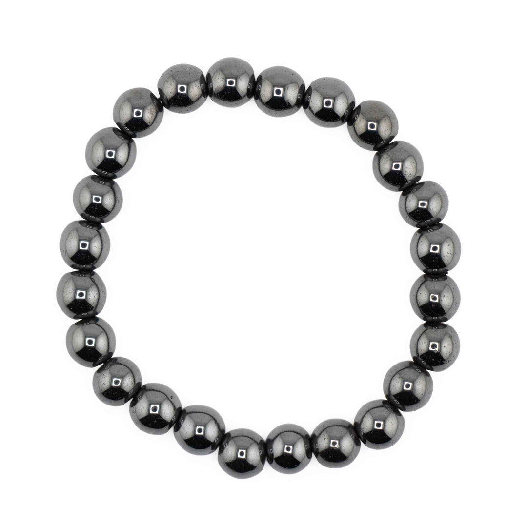 Metallic dark grey Hematite beaded stretch bracelet displaying smooth, polished round gemstone spheres