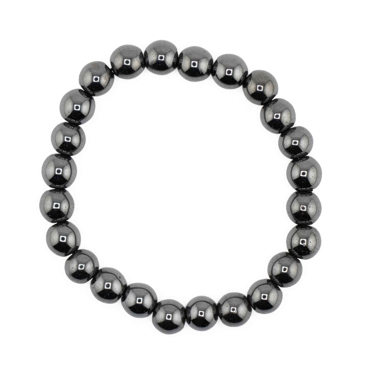 Metallic dark grey Hematite beaded stretch bracelet displaying smooth, polished round gemstone spheres