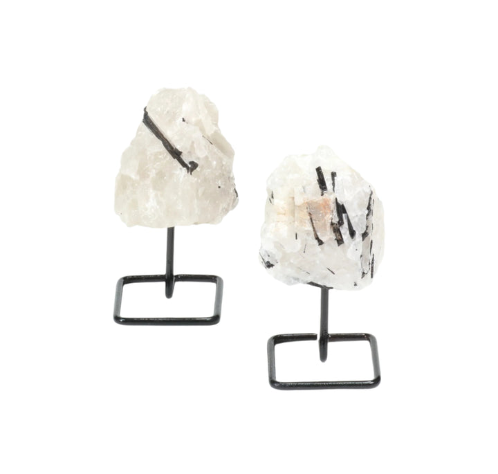 Natural Routilated Quartz Crystal on Metal Stand - Healing Gemstone Decoration, Meditation Therapy Gifts