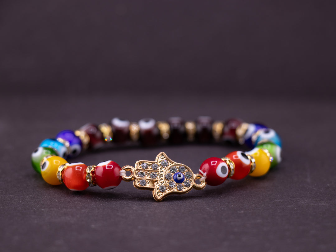 Evil Eye - Nazar Protection Bracelet – Multicolor Lampwork Beads & Hamsa Charm, Gold-Toned, 8mm