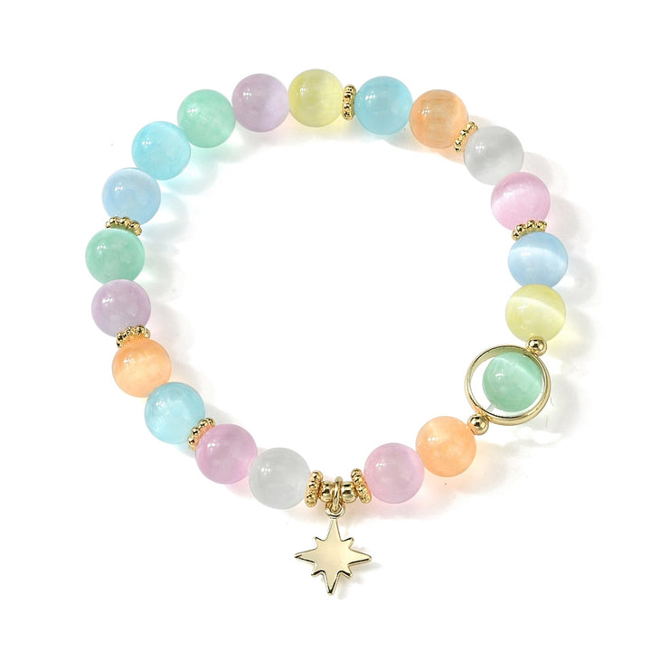 Rainbow Selenite Bracelet with Gold Star Charm | Multi-Color Selenite Bead Crystal Jewelry