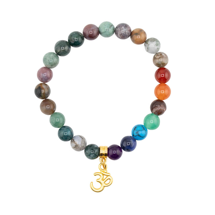 Indian Agate beaded chakra bracelet with natural earthy agate stones, multicolored chakra beads, and a dangling gold Om symbol charm