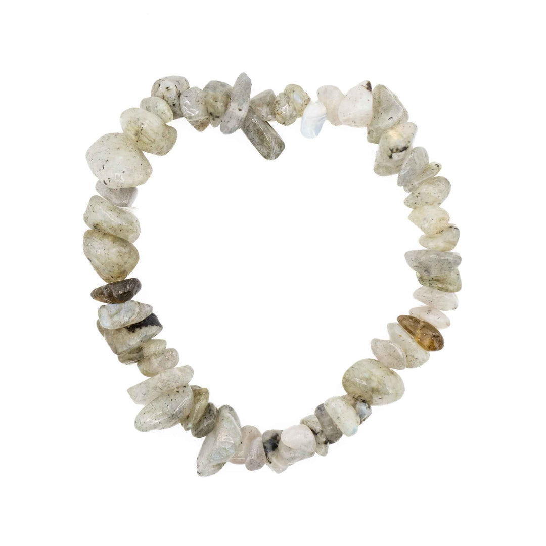 Natural Labradorite chip stone stretch bracelet crafted with tumbled, irregular grey gemstone chips showing subtle labradorescence