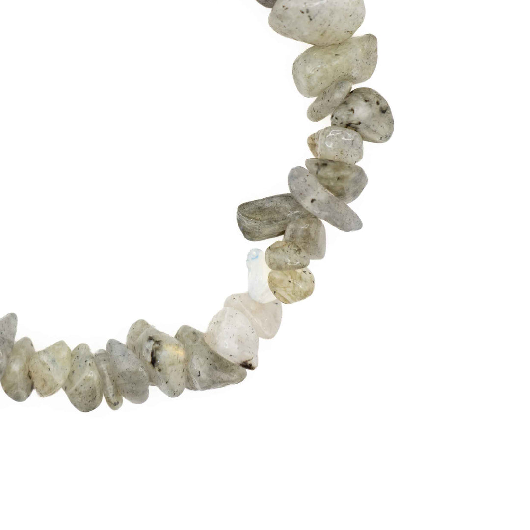 Close-up detail of natural Labradorite tumbled chips highlighting unique stone inclusions and raw gemstone textures