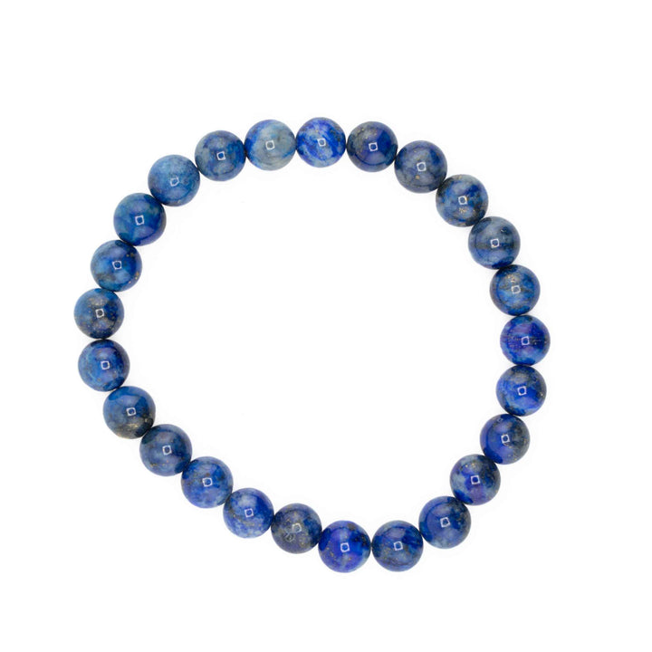 Natural Lapis Lazuli beaded stretch bracelet featuring round royal blue gemstone spheres with golden pyrite speckles