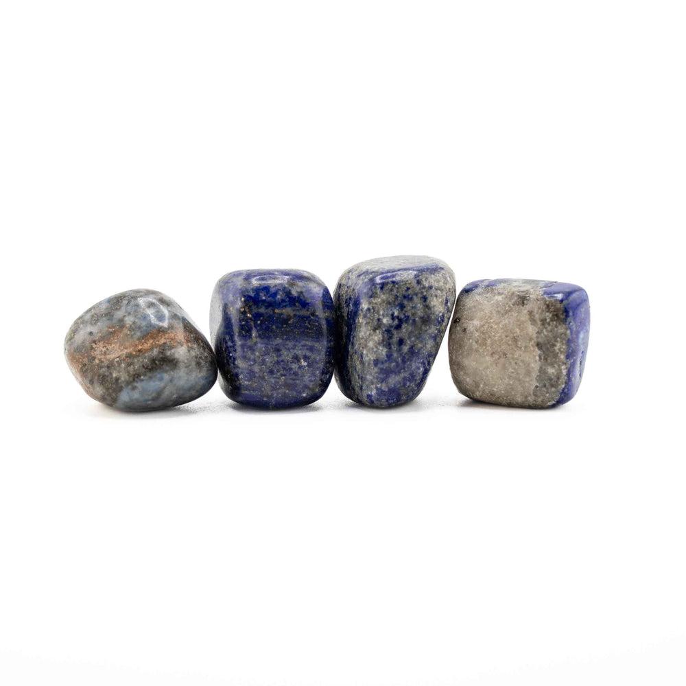 Row of four polished Lapis Lazuli tumbled stones displaying deep blue, grey matrix, and natural brown mineral inclusion variations