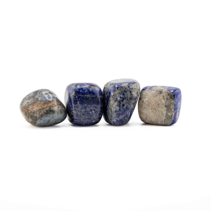 Row of four polished Lapis Lazuli tumbled stones displaying deep blue, grey matrix, and natural brown mineral inclusion variations