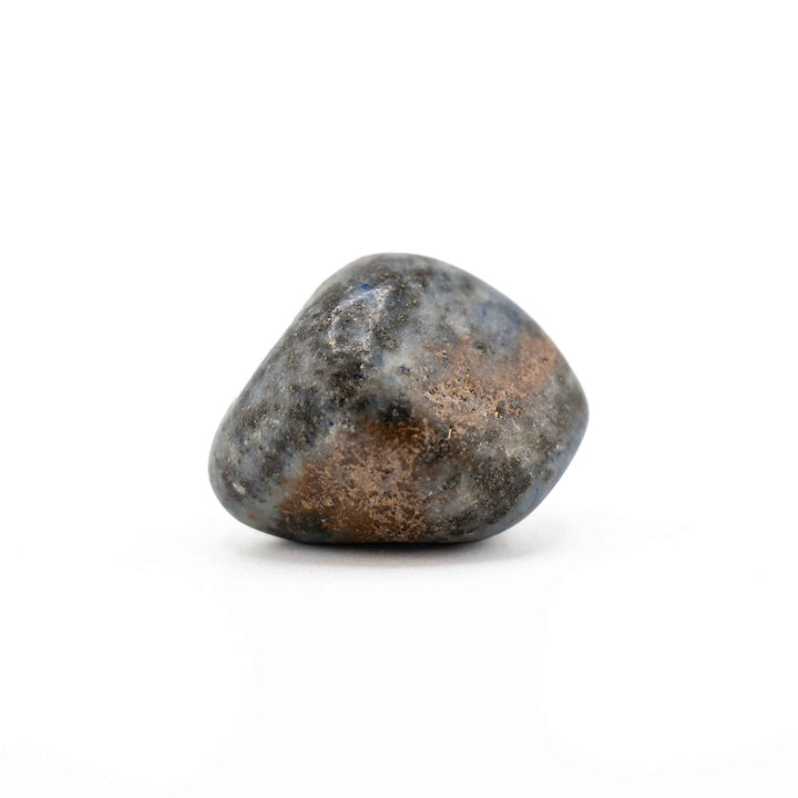 Polished Lapis Lazuli tumbled pocket stone with prominent earthy brown matrix and subtle dark blue speckles