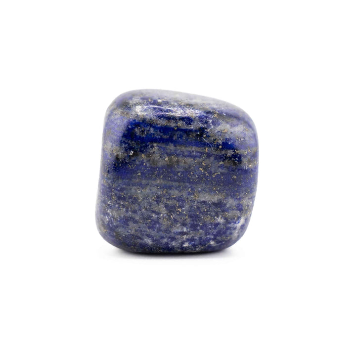 Deep royal blue Lapis Lazuli tumbled crystal featuring sparkling golden pyrite flecks and grey calcite veining