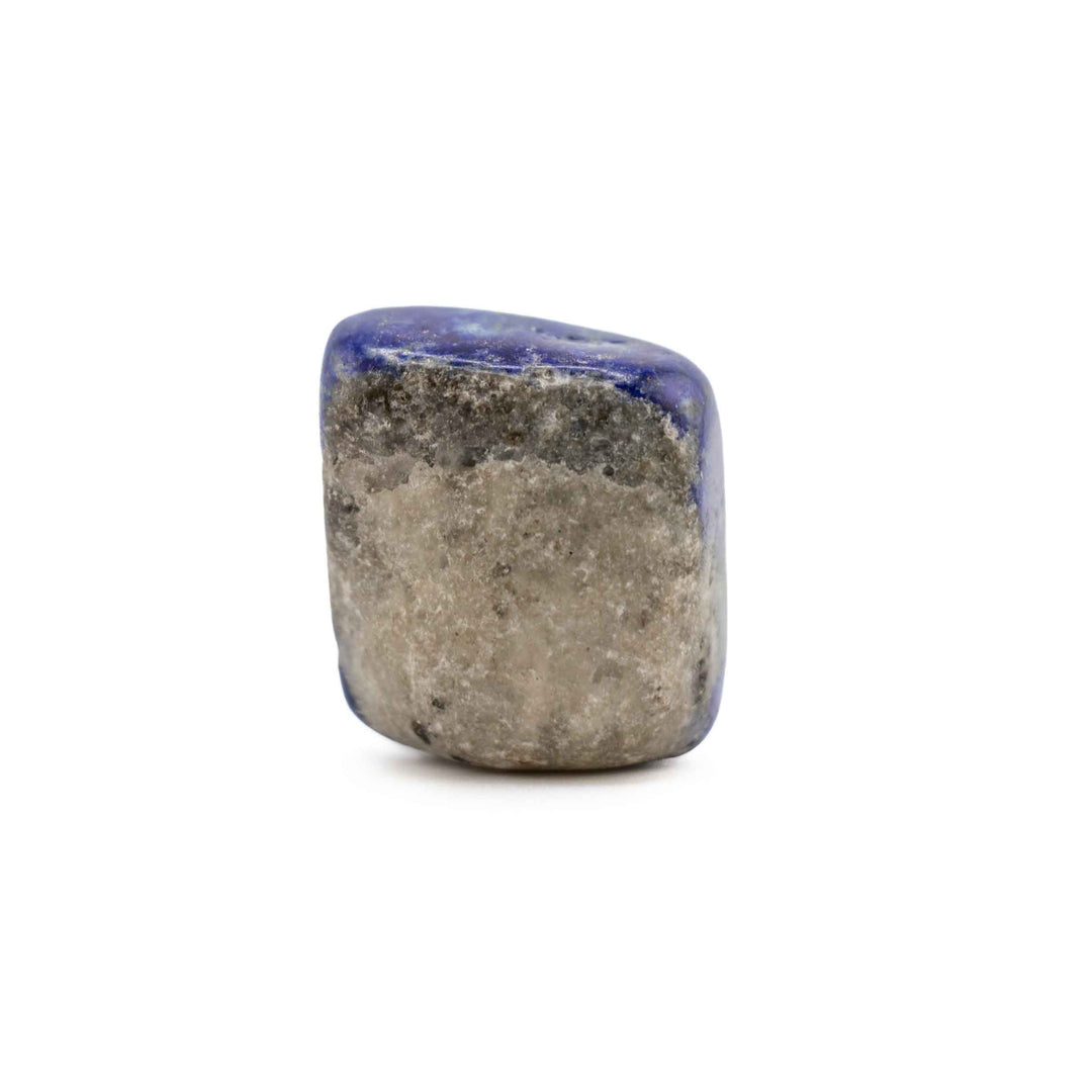 Cube-shaped Lapis Lazuli tumbled stone with a large grey matrix section bordered by deep blue lapis