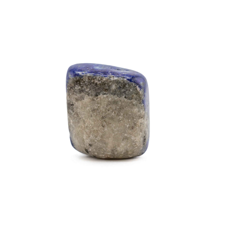 Cube-shaped Lapis Lazuli tumbled stone with a large grey matrix section bordered by deep blue lapis
