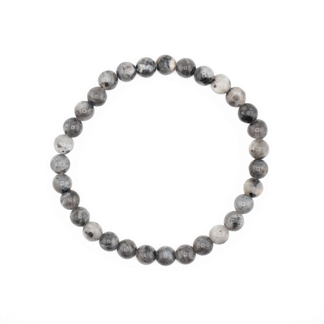 Natural Larvikite beaded stretch bracelet featuring round grey gemstone spheres with dark feldspar specks
