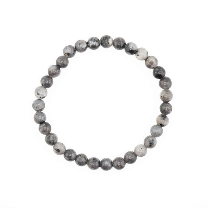 Natural Larvikite beaded stretch bracelet featuring round grey gemstone spheres with dark feldspar specks