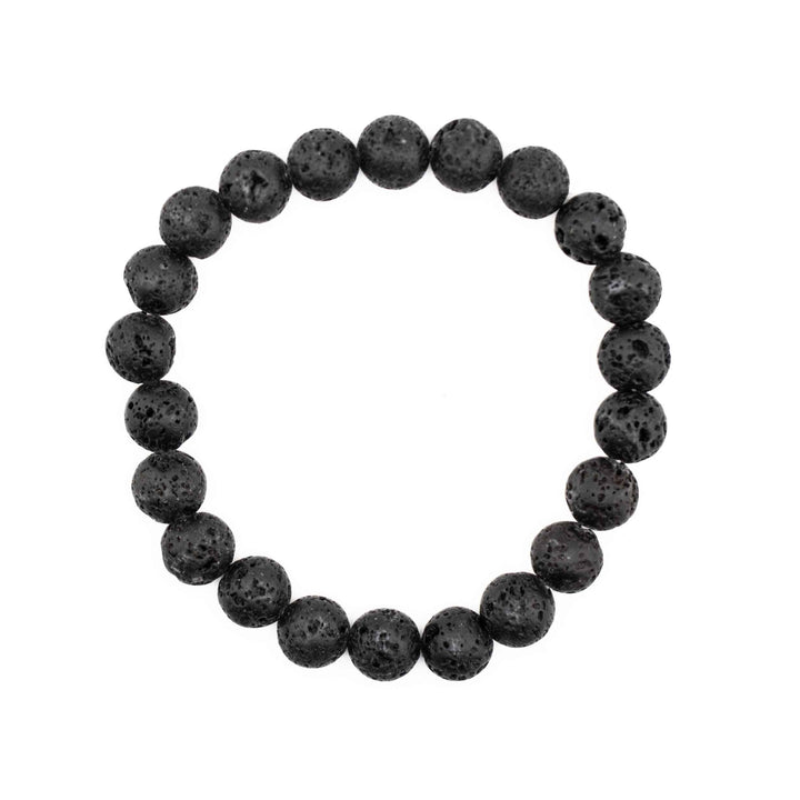 Lava stone bracelet featuring twenty-four dark gray porous spherical beads in a circular arrangement on a white background