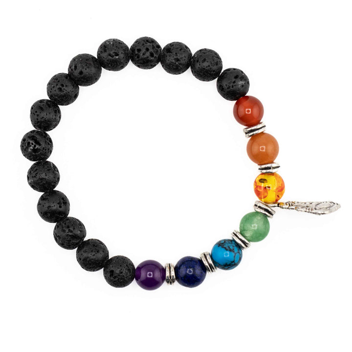 Black porous lava stone chakra bracelet featuring seven colorful gemstone beads separated by silver spacers and a silver Buddha charm