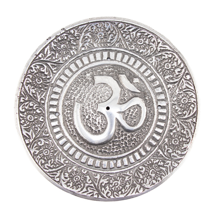 Metal Om Incense Holder – Round Silver-Tone Disk for Spiritual Rituals & Ash Catching