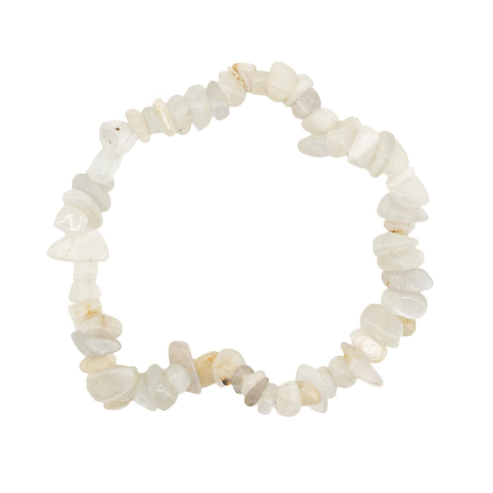 Natural Moonstone chip stone stretch bracelet made with tumbled, irregular milky white and cream-colored gemstone chips